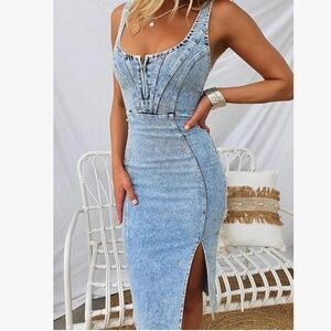Sleeveless Side Slit Bodycon Midi Jean Denim Dress Medium NWT